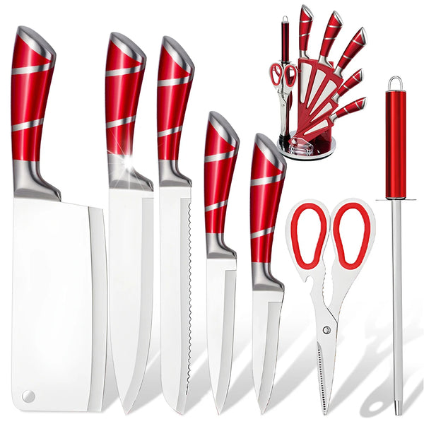 MDHAND 9Pcs Stainless Steel Knife Block Set with Sharpener Cutting Slicing Fruit Meat Cleaver Utility Knife Knives  Accessories
