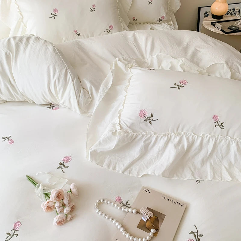 Rose Embroidered Duvet Cover Set (1*Duvet Cover + 2*Pillowcase, Without Core)