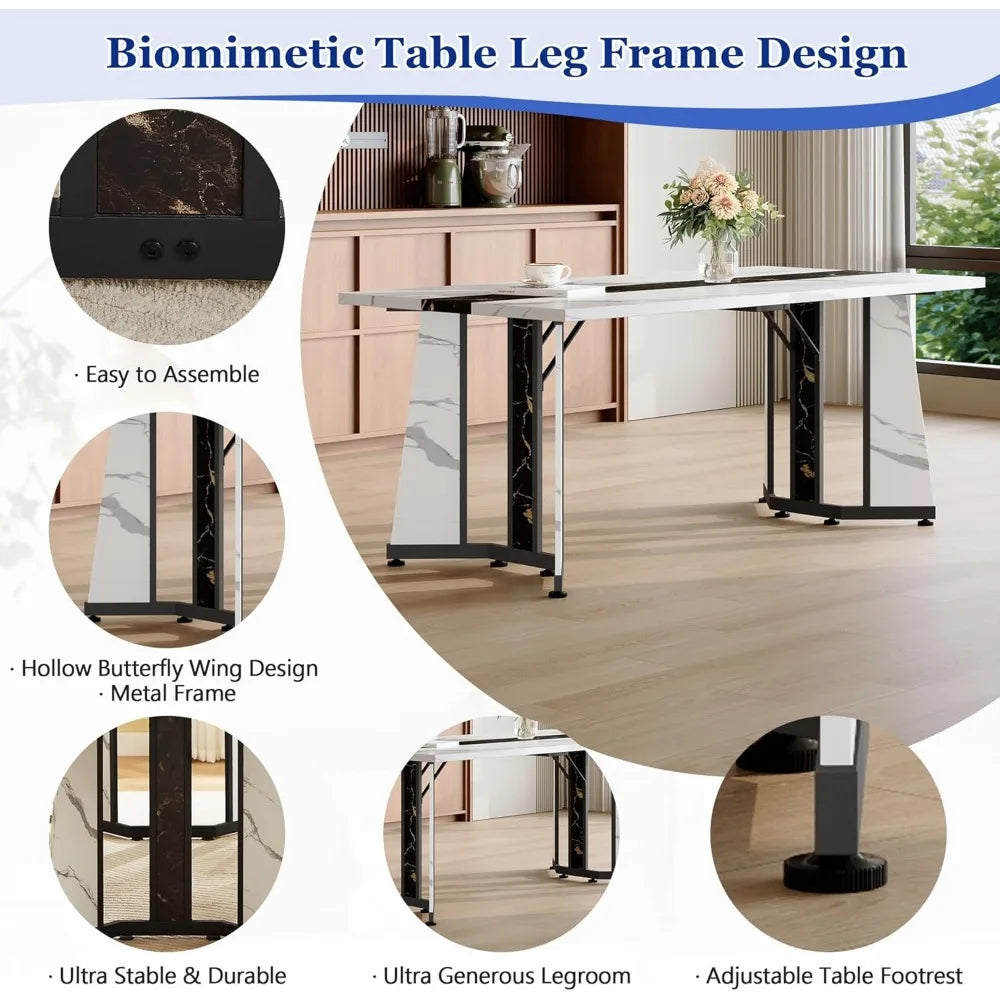 Dining Table Set for 6,White Marble 71'' Dining Room Table with Spacious legroom and White Leather Dining Chairs,Easy Assembley