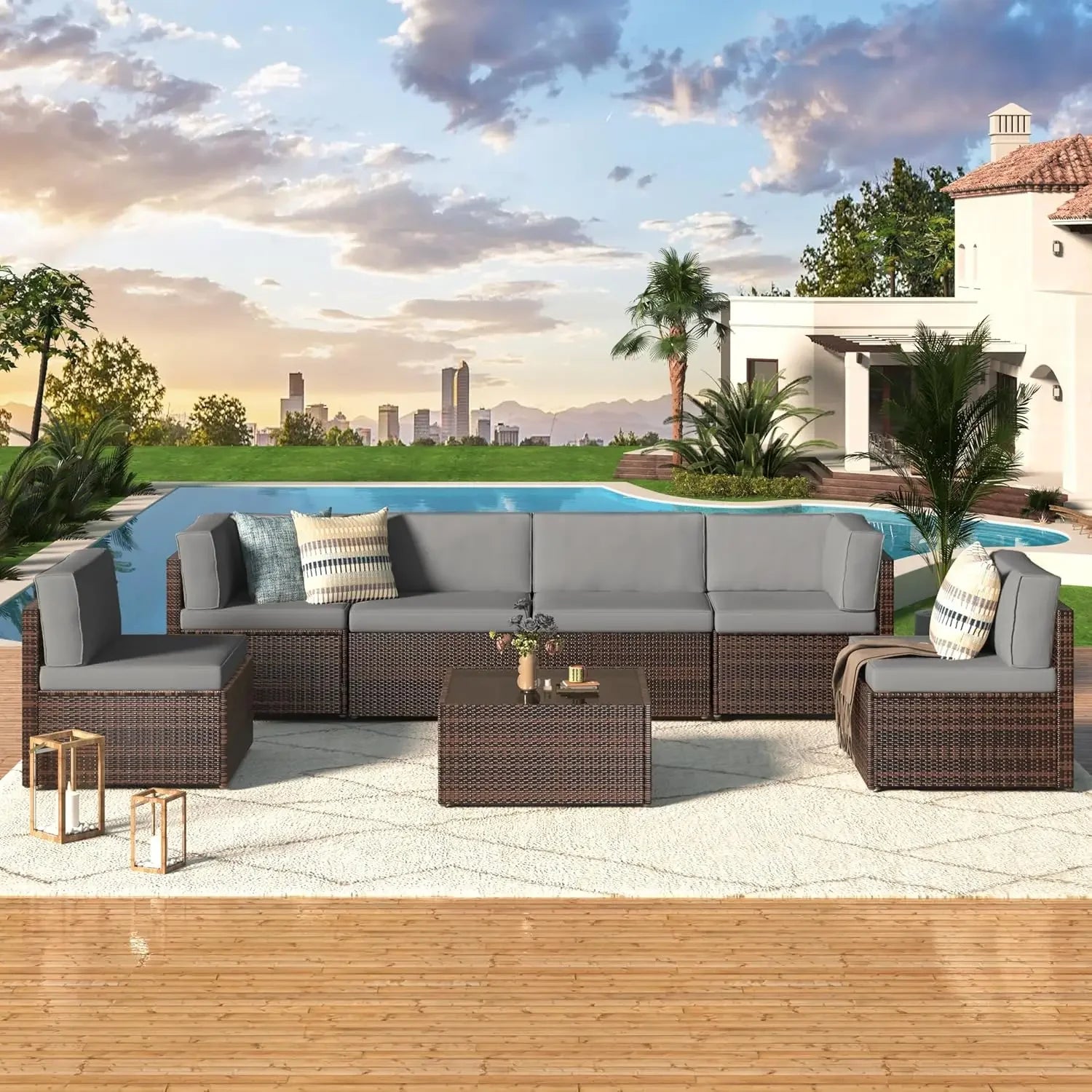 7-Piece Outdoor Patio Furniture Set – Grey PE Rattan Wicker Sectional with Cushions