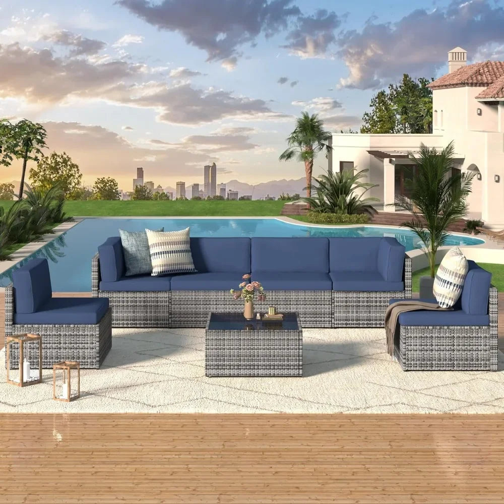 7-Piece Outdoor Patio Furniture Set – Grey PE Rattan Wicker Sectional with Cushions