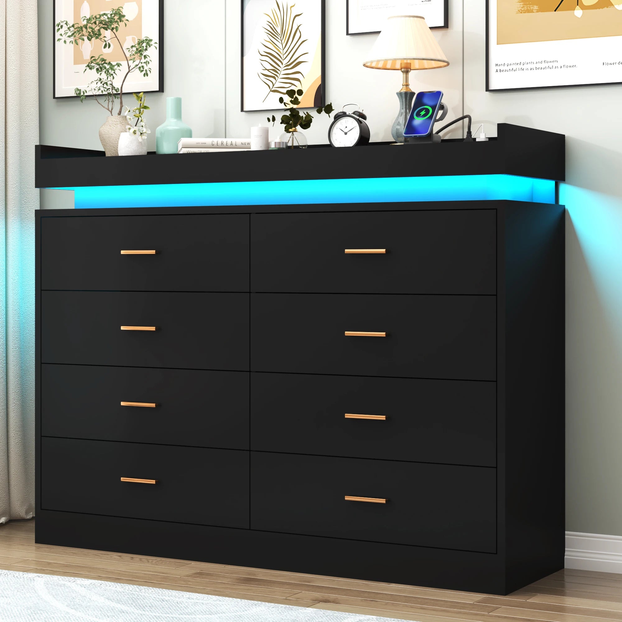 8 Drawer Dresser with LED Light, Modern Chest of Drawers for Closet, 47" Wide Drawer Organizer Cabinet for Bedroom, Living Room