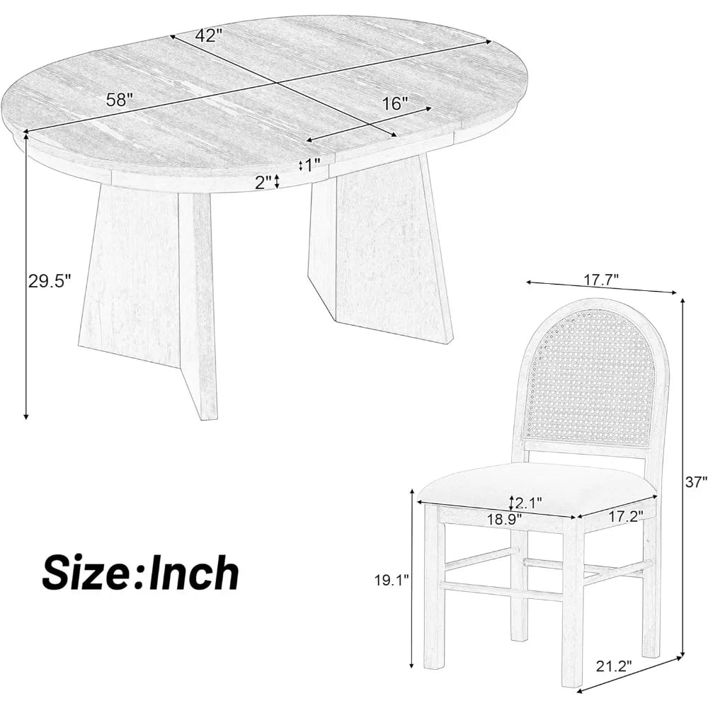 Vintage-Style 5-Piece Dining Set with Extendable Wood Table & 4 Upholstered Rattan-Back Chairs