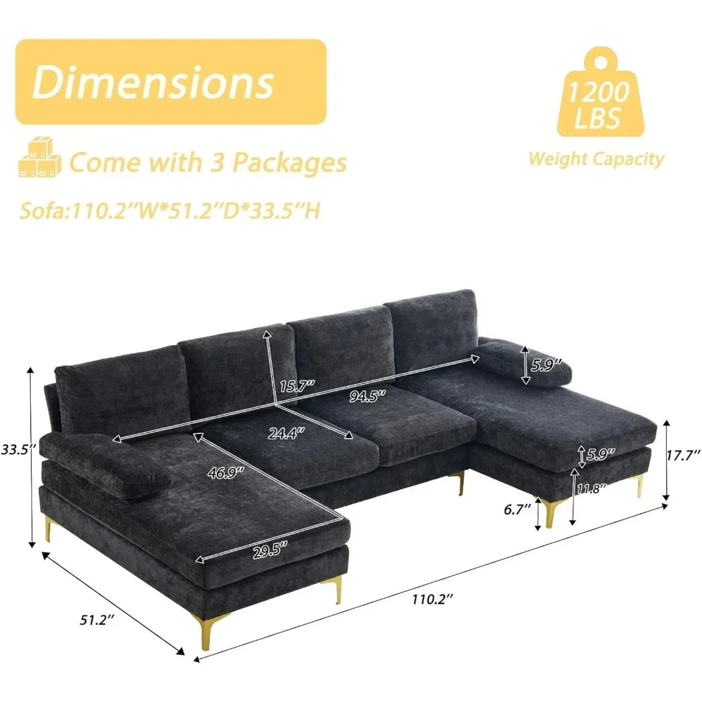 Convertible U-Shape Sectional Sofa 110" – 4-Seat Couch with Chaise, Chenille Upholstered for Living Room