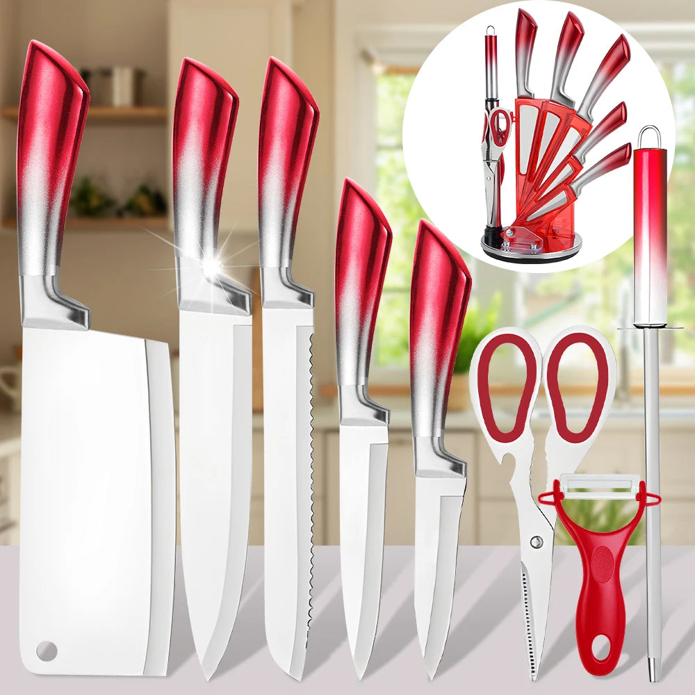 MDHAND 9Pcs Stainless Steel Knife Block Set with Sharpener Cutting Slicing Fruit Meat Cleaver Utility Knife Knives  Accessories