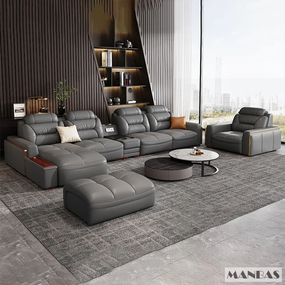 MANBAS Premium Italian Genuine Leather Sectional Sofa Set – Modern Living Room Couch with Adjustable Headrests, USB Charging Ports & Built-In Bluetooth Speaker