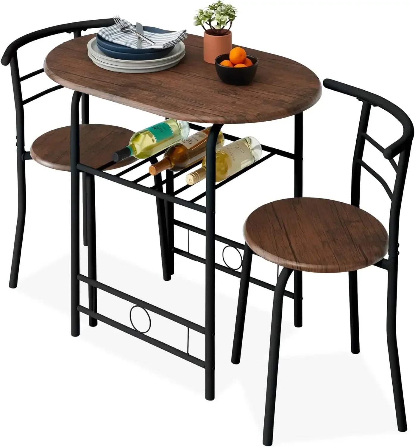 3-Piece Wooden Round Table and Chair Set – Compact Kitchen & Dining Set with Steel Frame and Built-in Wine Rack (Black/Brown)