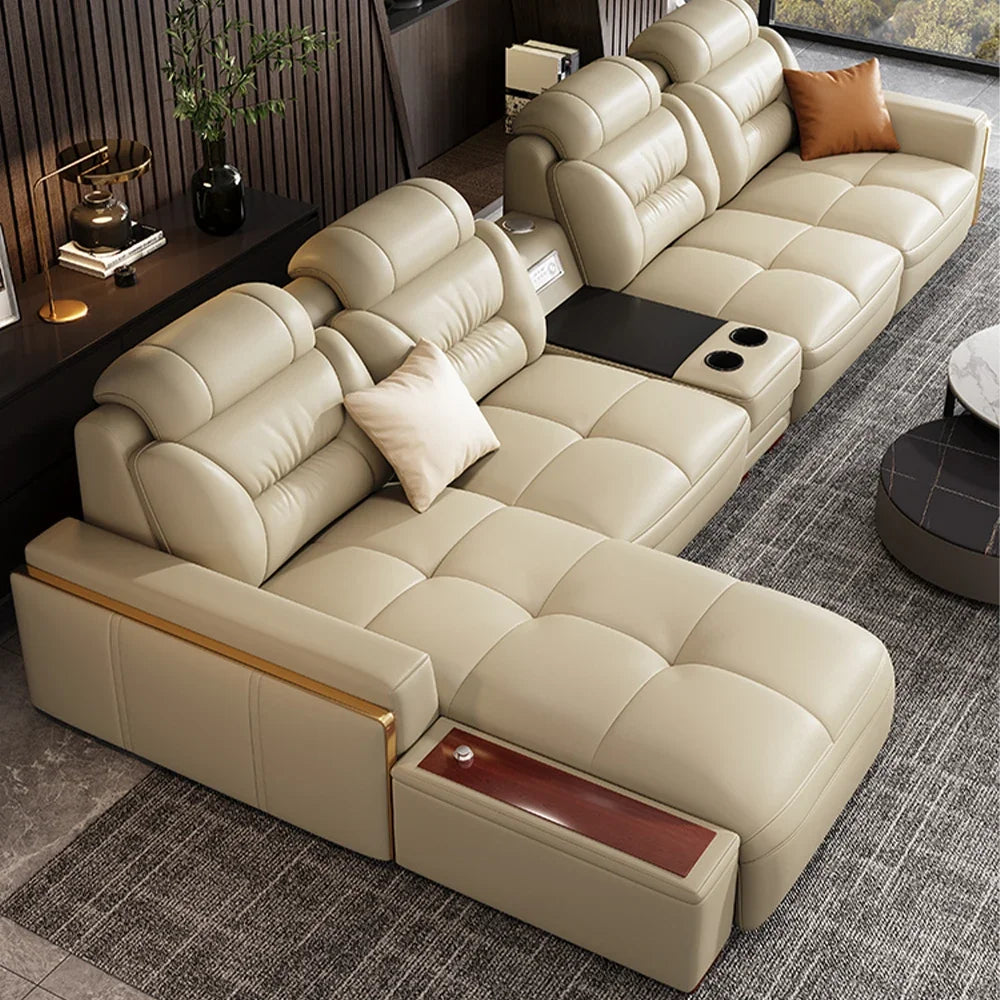 MANBAS Premium Italian Genuine Leather Sectional Sofa Set – Modern Living Room Couch with Adjustable Headrests, USB Charging Ports & Built-In Bluetooth Speaker