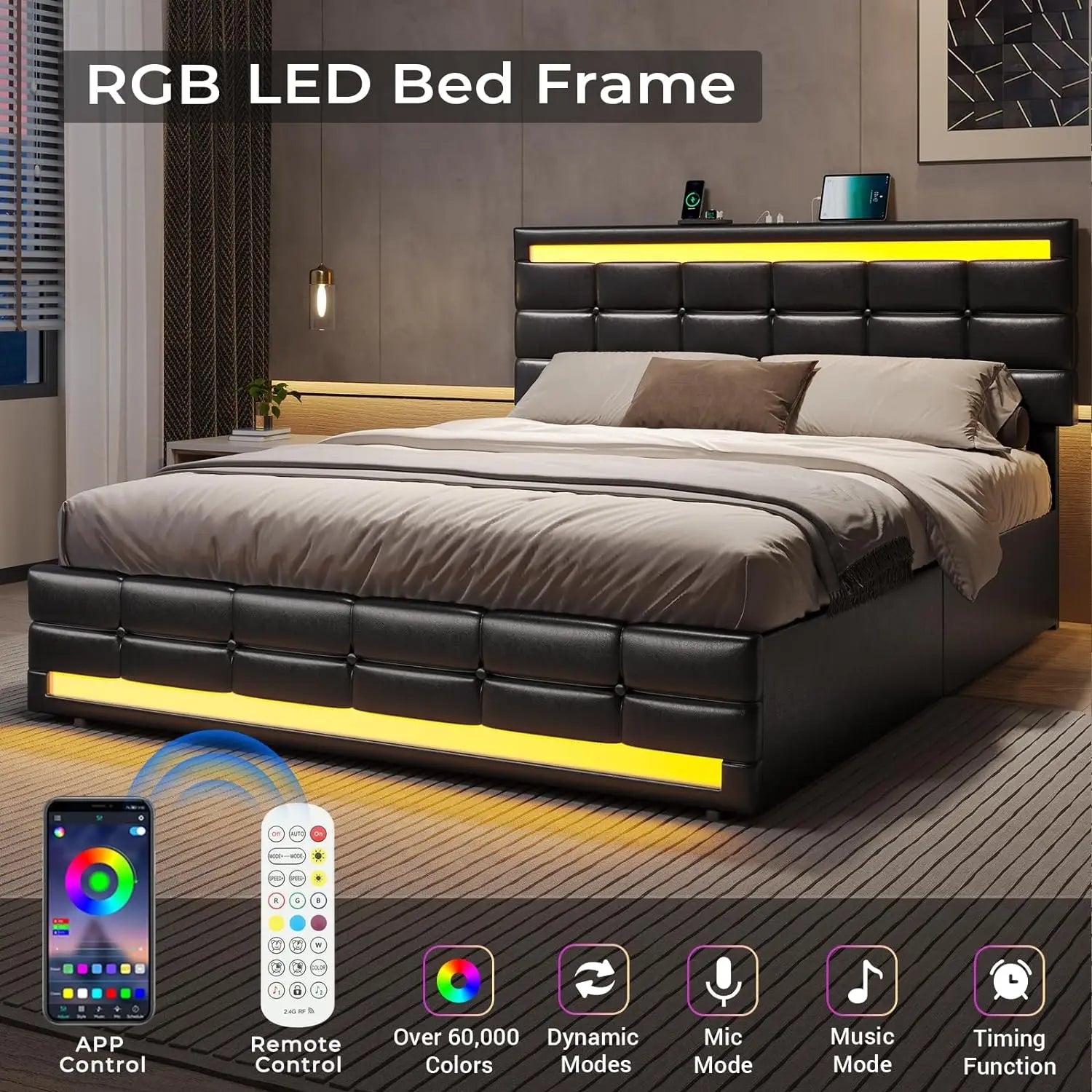 LED Bed Frame with 4 Storage Drawers & USB Charging Stations