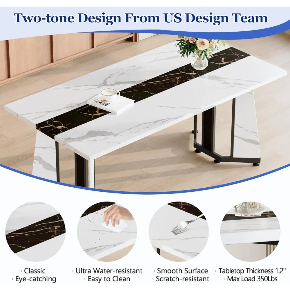 Dining Table Set for 6,White Marble 71'' Dining Room Table with Spacious legroom and White Leather Dining Chairs,Easy Assembley