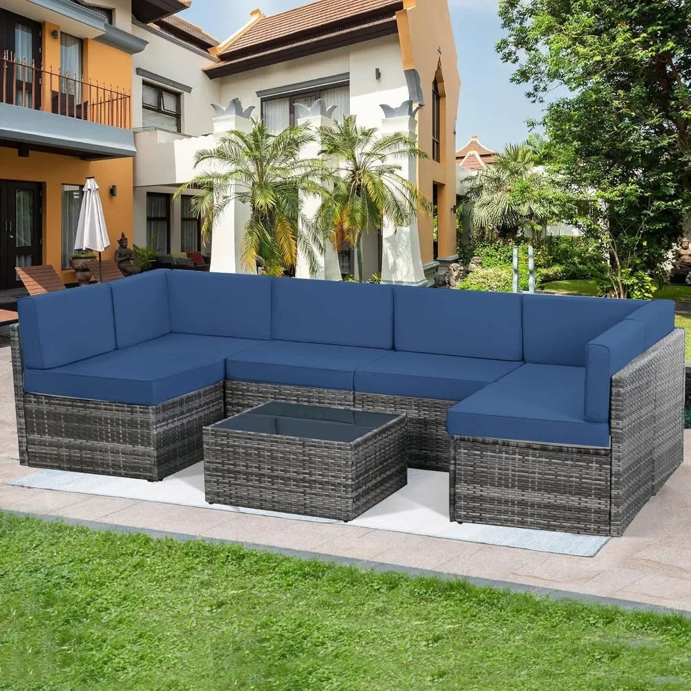 7-Piece Outdoor Patio Furniture Set – Grey PE Rattan Wicker Sectional with Cushions