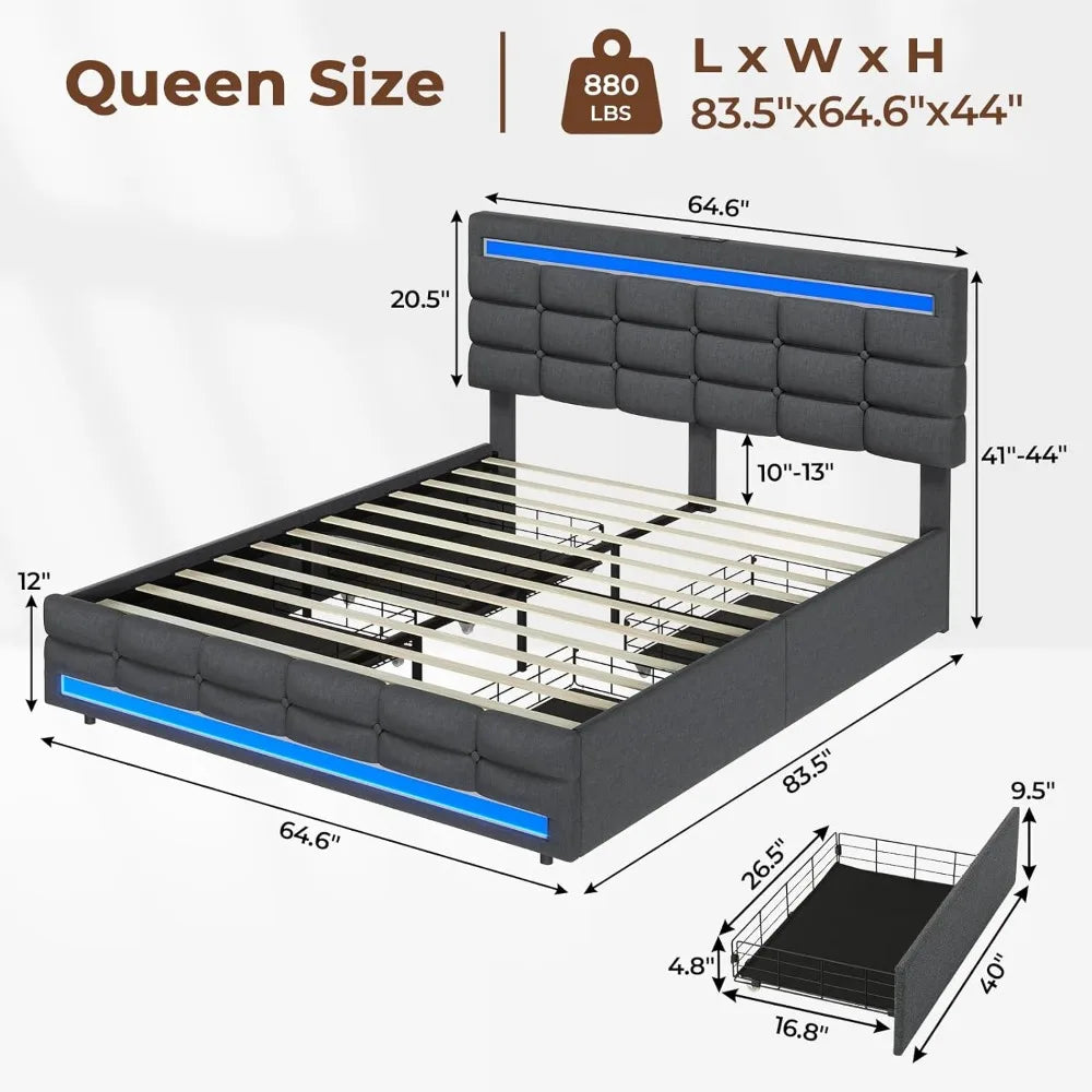 LED Bed Frame with 4 Storage Drawers & USB Charging Stations