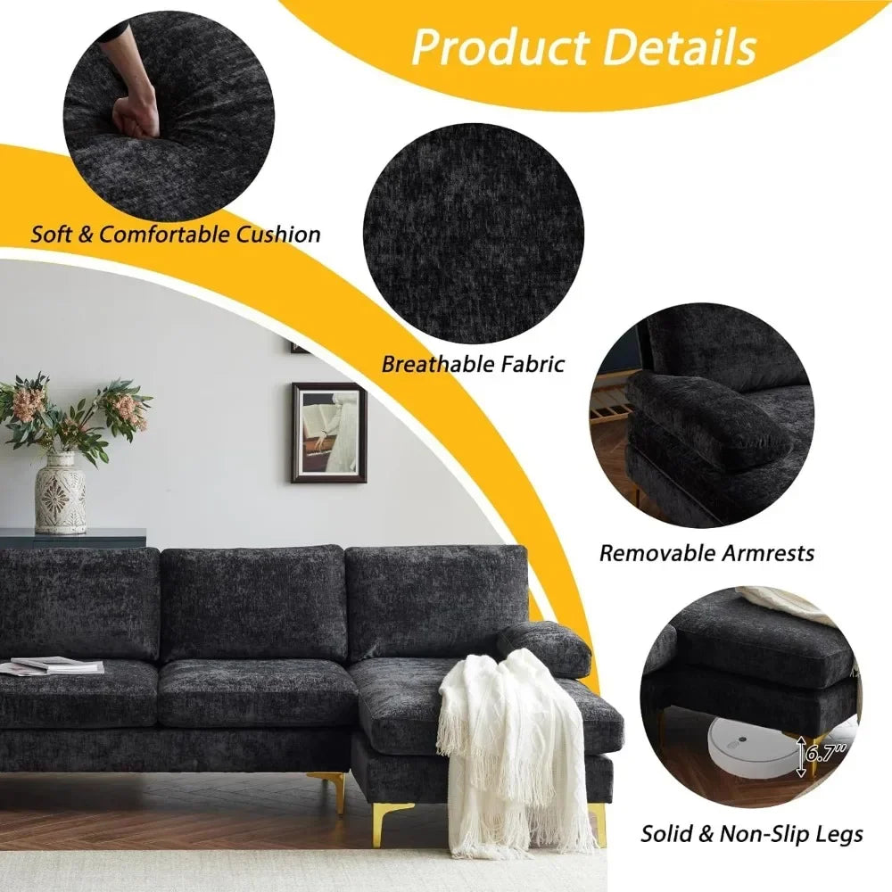 Convertible U-Shape Sectional Sofa 110" – 4-Seat Couch with Chaise, Chenille Upholstered for Living Room