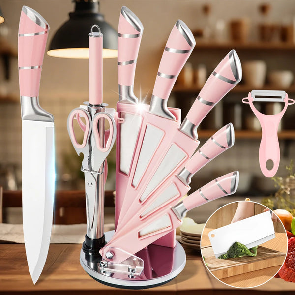 ZENG 9PCS Kitchen Knife Set Stainless Steel Hollow Handle Sharp Meat Cutting Cooking Knife Scissors Bread Knife Fruit Peeler