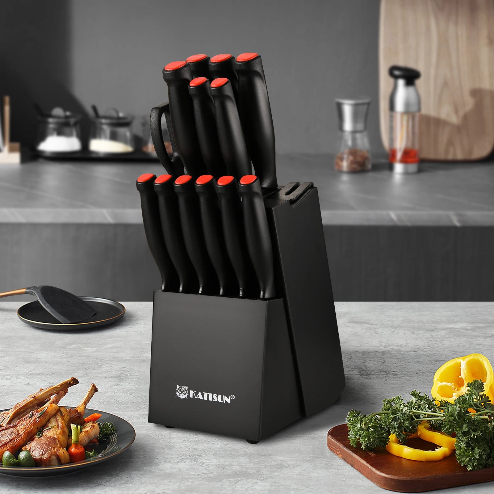 15 Pieces Damascus Pattern Kitchen Knife Block Set, Ergonomic Black Anti-Slip Handle with Red Trim, Includes Sharpener
