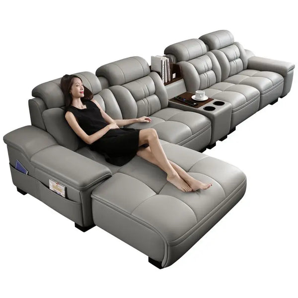 Modern Genuine Leather Sectional Sofa with Chaise Lounge, Cup Holders and Storage, L-Shaped Reclining Couch for Living Room