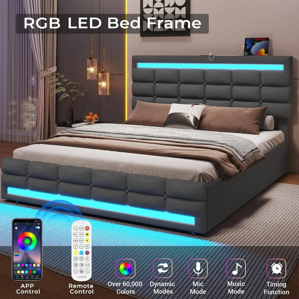 LED Bed Frame with 4 Storage Drawers & USB Charging Stations