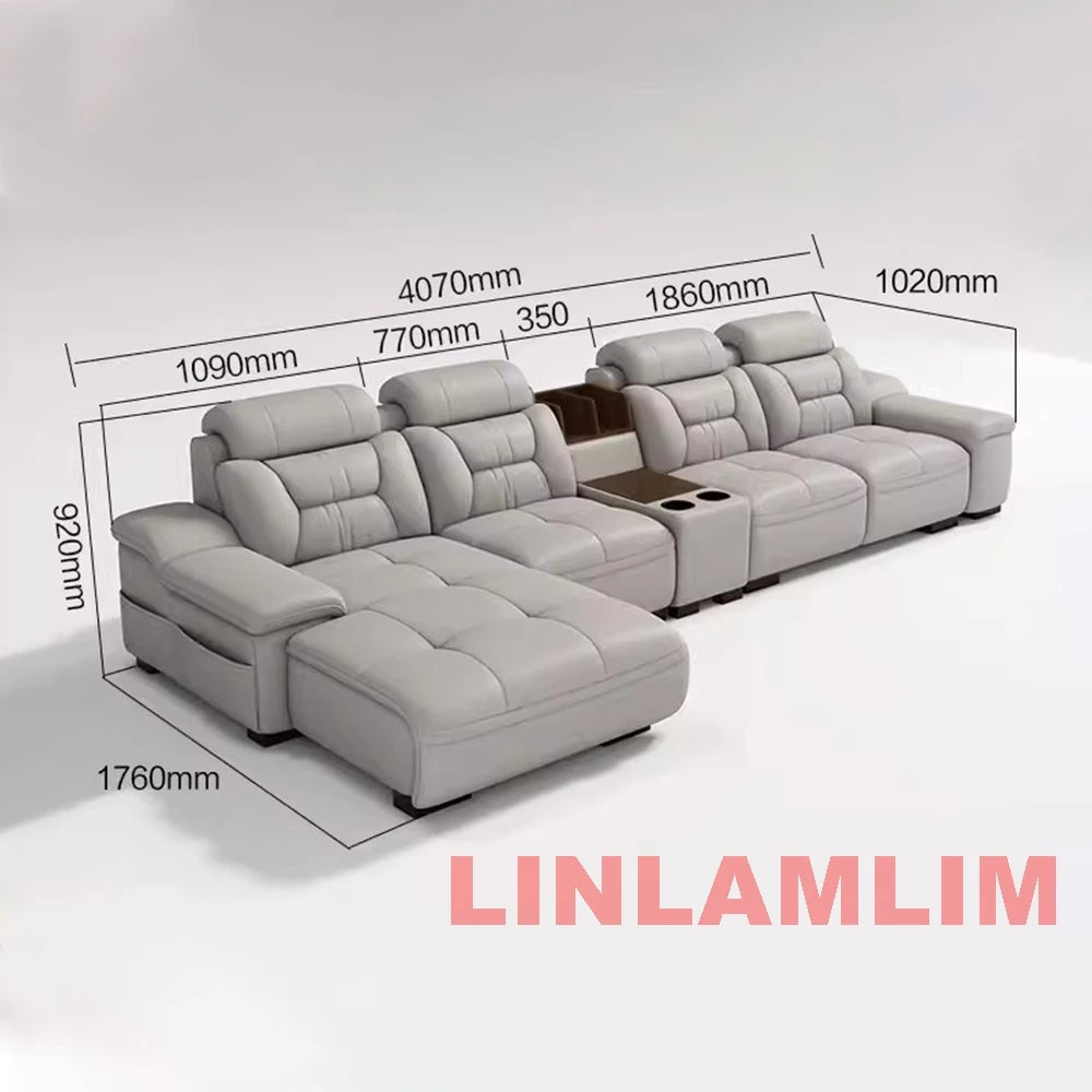 Modern Genuine Leather Sectional Sofa with Chaise Lounge, Cup Holders and Storage, L-Shaped Reclining Couch for Living Room