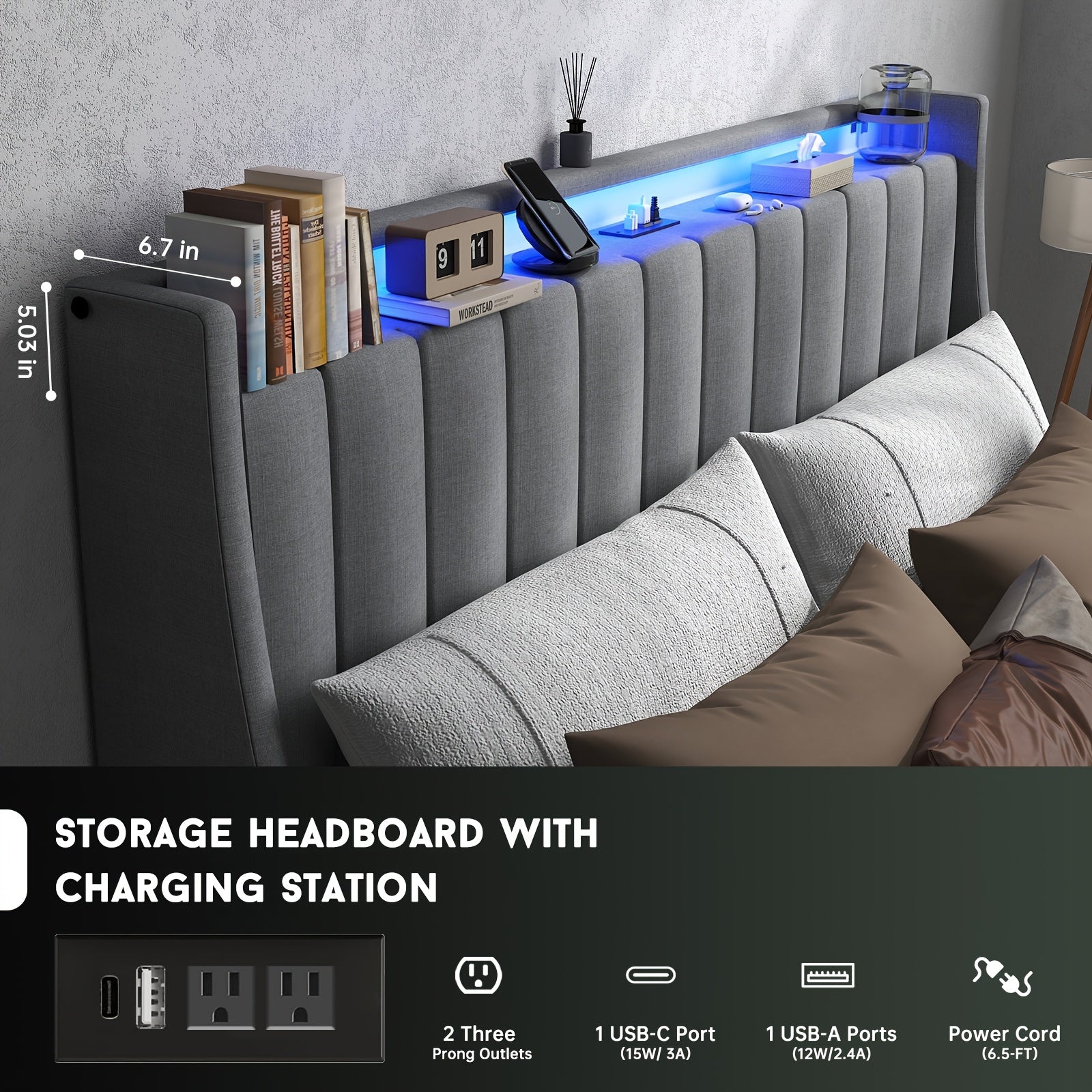 Full/Queen/King Upholstered Platform Bed Frame with LED Lights, 2 Storage Drawers, Charging Station & Button-Tufted Wingback Headboard – Dark Gray