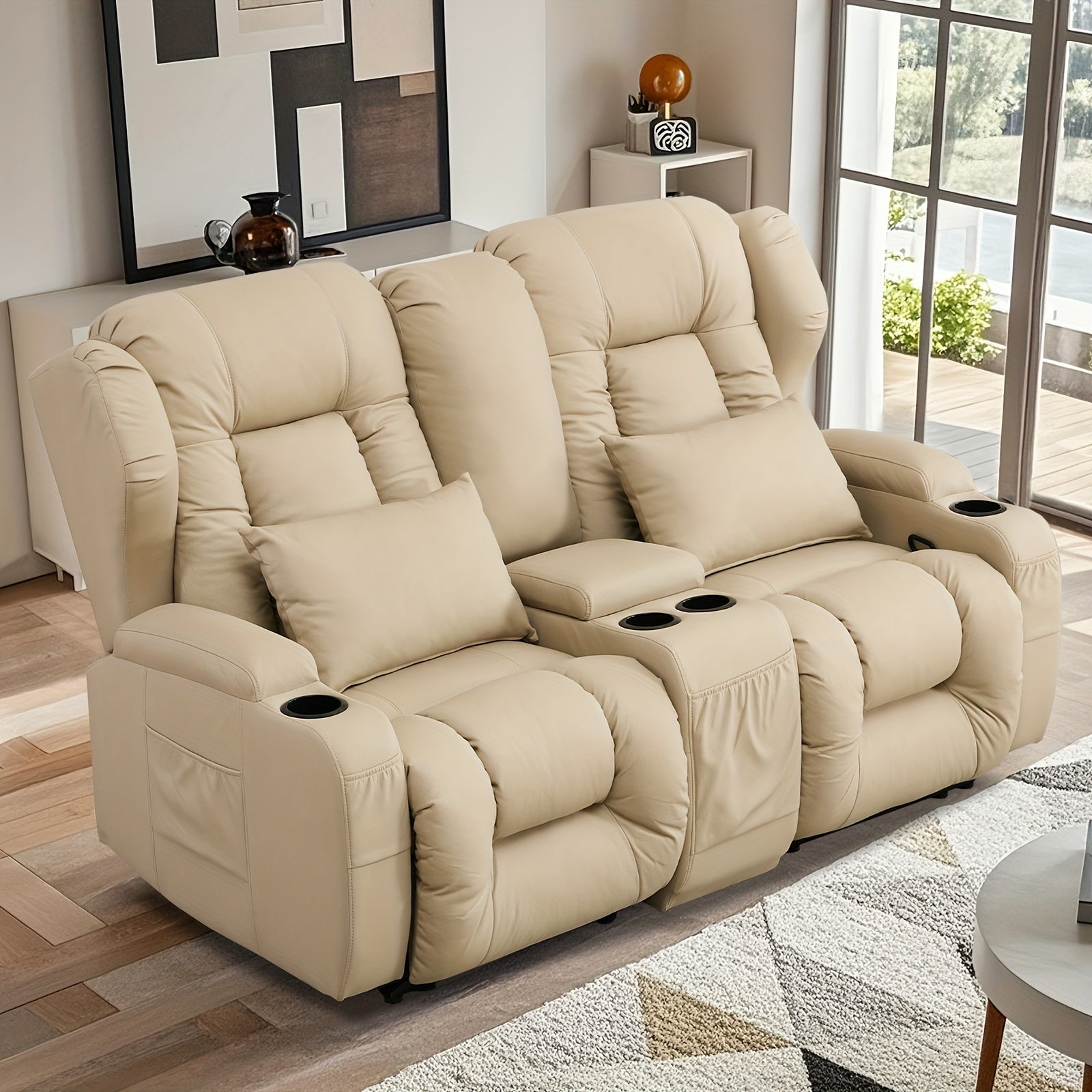 Brown Contemporary Faux Leather 2-Seater Loveseat Recliner Sofa with Console Storage, 4 Cup Holders & Side Pockets, Manual Reclining Home Theater Seating for Living Room or RV, Manual Recliner | Plush 2Seater | Luxury Comfort