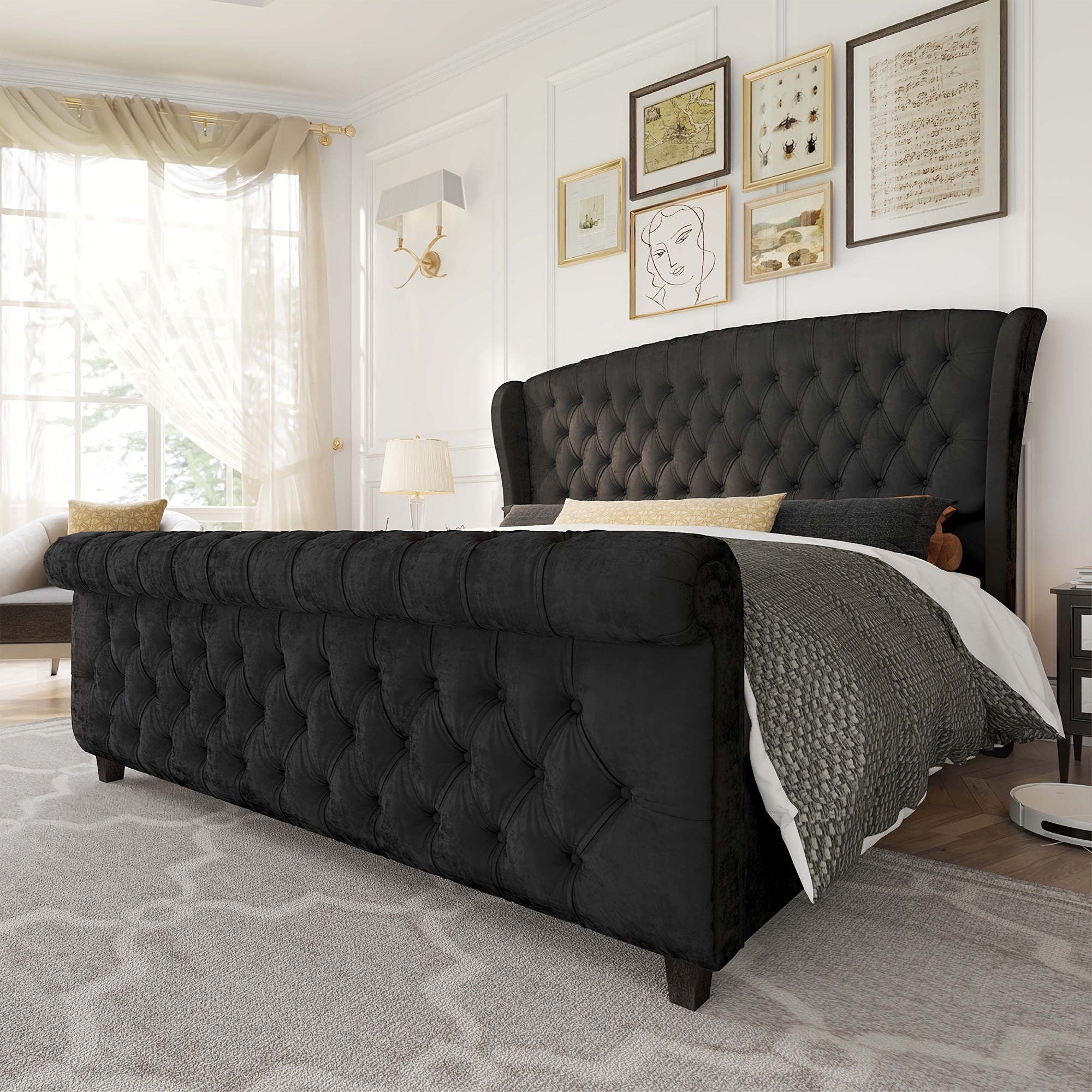 Chenille Upholstered Sleigh Platform Bed Frame – Scroll Wingback Headboard & Footboard with Button Tufted Design, No Box Spring Required