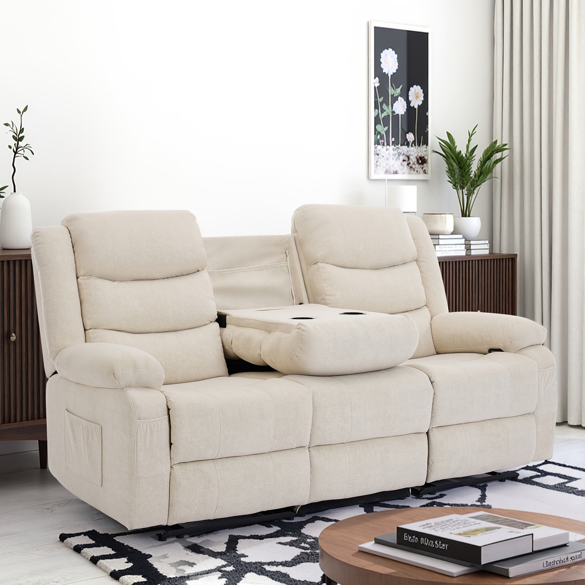 Brown Oversized Triple Chaise Lounge Sofa - Queen Size 3-Seater Manual Recliner Sofa with Plush Cashmere Upholstery, Front & Side Storage Pockets, Sturdy Iron Frame & Foam Padding - Classic Living Room Sofa for Large Spaces,