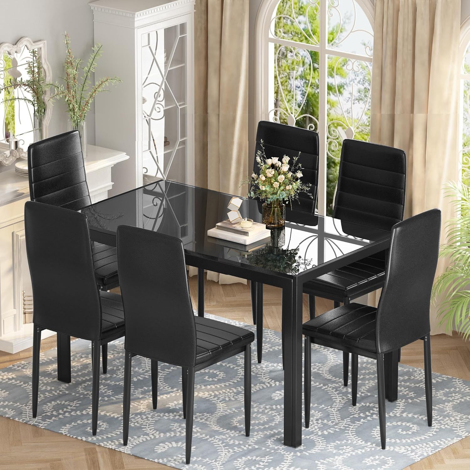7-Piece Modern Glass Dining Table Set for 6 – PU Leather Chairs, Tempered Glass Top for Kitchen, Dining Room or Apartment