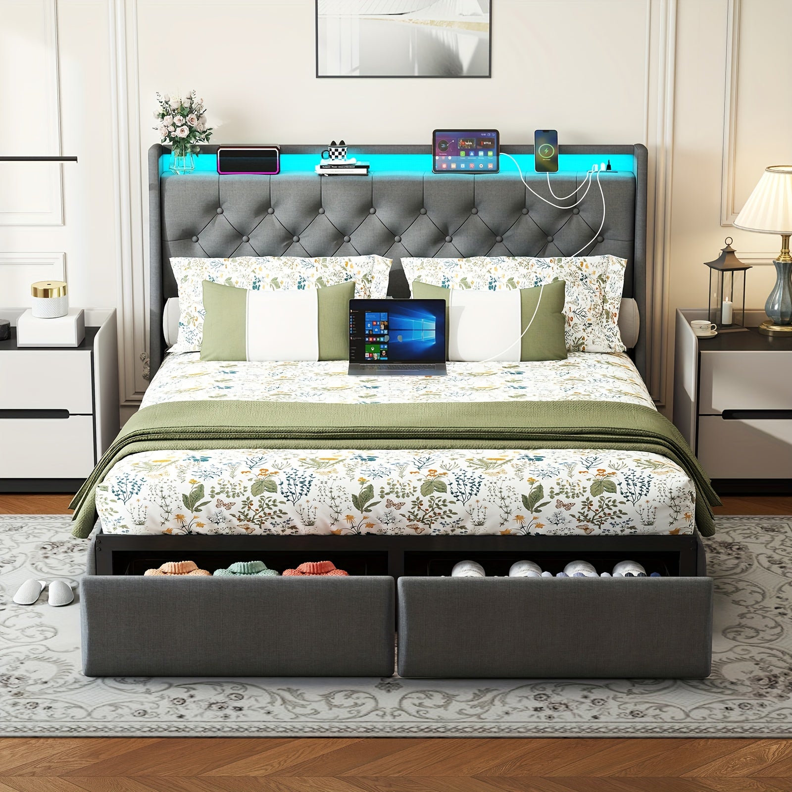 Full/Queen/King Upholstered Platform Bed Frame with LED Lights, 2 Storage Drawers, Charging Station & Button-Tufted Wingback Headboard – Dark Gray