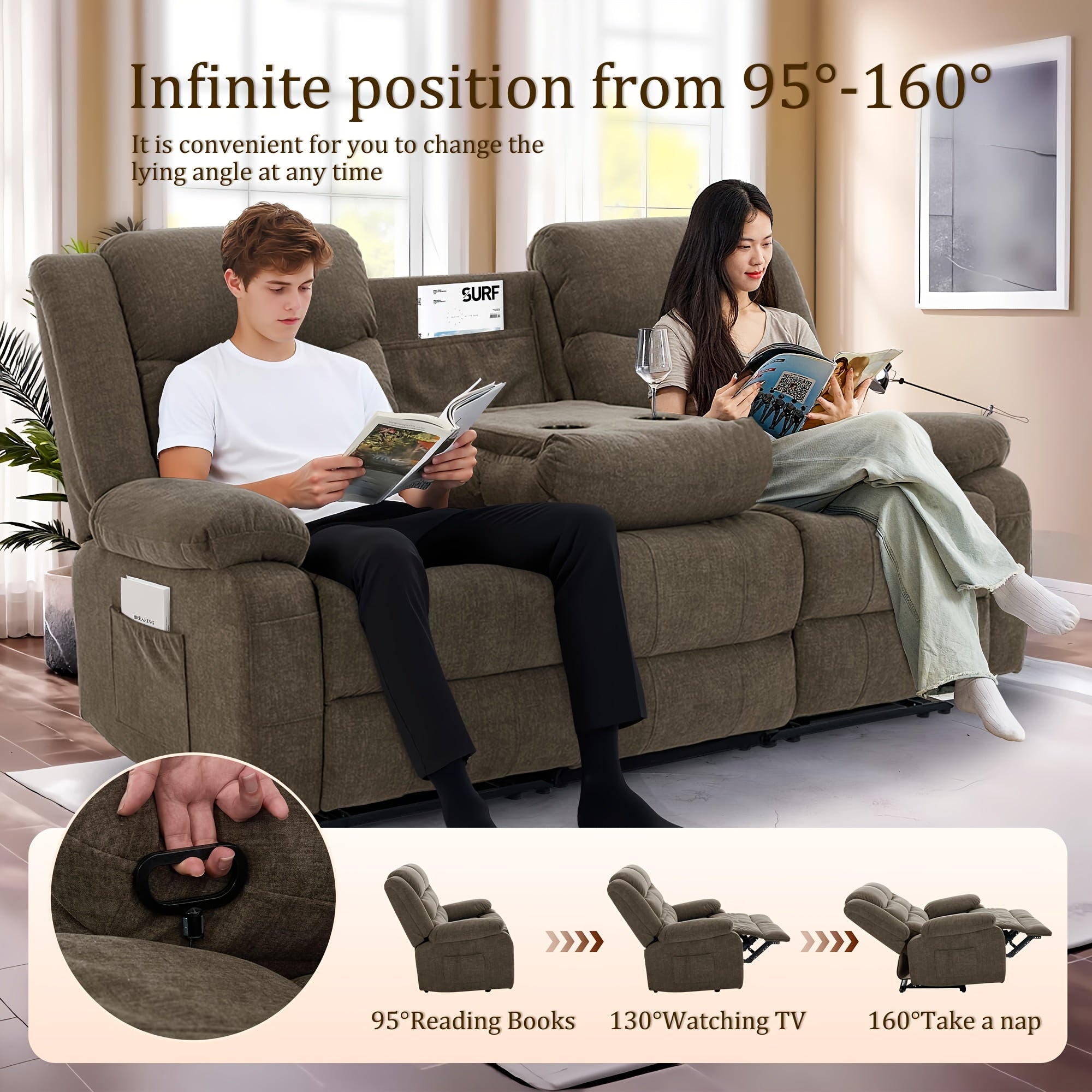 Brown Oversized Triple Chaise Lounge Sofa - Queen Size 3-Seater Manual Recliner Sofa with Plush Cashmere Upholstery, Front & Side Storage Pockets, Sturdy Iron Frame & Foam Padding - Classic Living Room Sofa for Large Spaces,