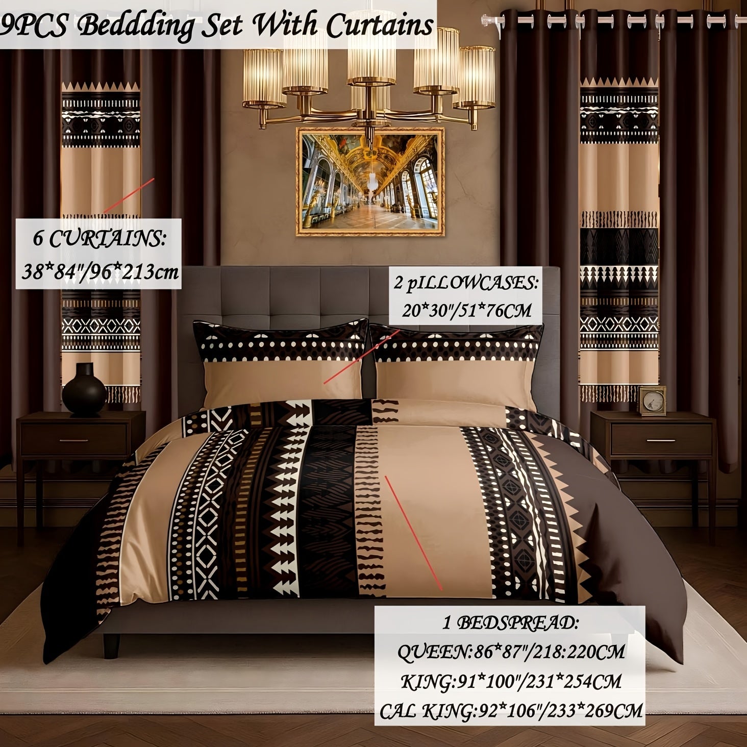 9pcs Boho Comforter Bedspread with Curtains, Brown Tribal & Blue Butterfly Bedding Set, Includes 1 Bedspread 2 Pillowcases And 6 Curtains.Queen/King/Cal King Size.Soft Breathable, Easy Care.Filling Inside.Mega.Ideal Gift for
