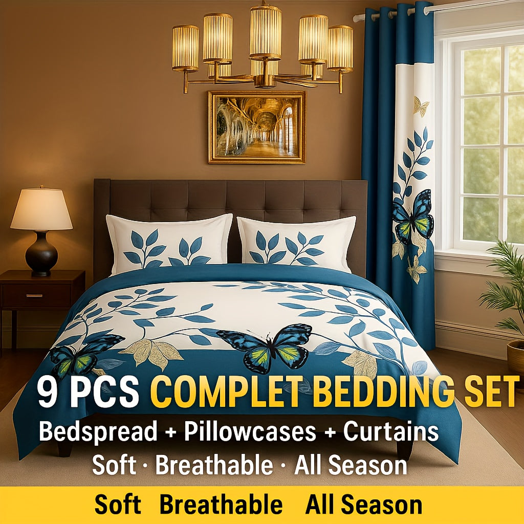 9pcs Boho Comforter Bedspread with Curtains, Brown Tribal & Blue Butterfly Bedding Set, Includes 1 Bedspread 2 Pillowcases And 6 Curtains.Queen/King/Cal King Size.Soft Breathable, Easy Care.Filling Inside.Mega.Ideal Gift for