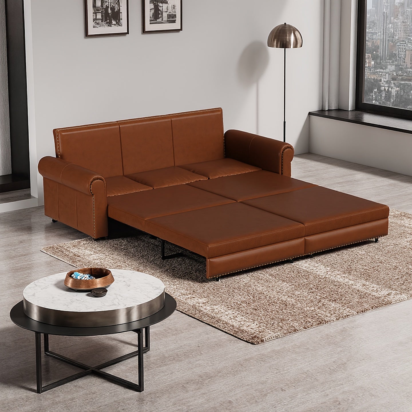 93.7" Chesterfield Sofa Bed King Size – 3-in-1 Convertible Pull-Out Sleeper Sofa with Rolled Arms & Nailhead Trim for Living Room