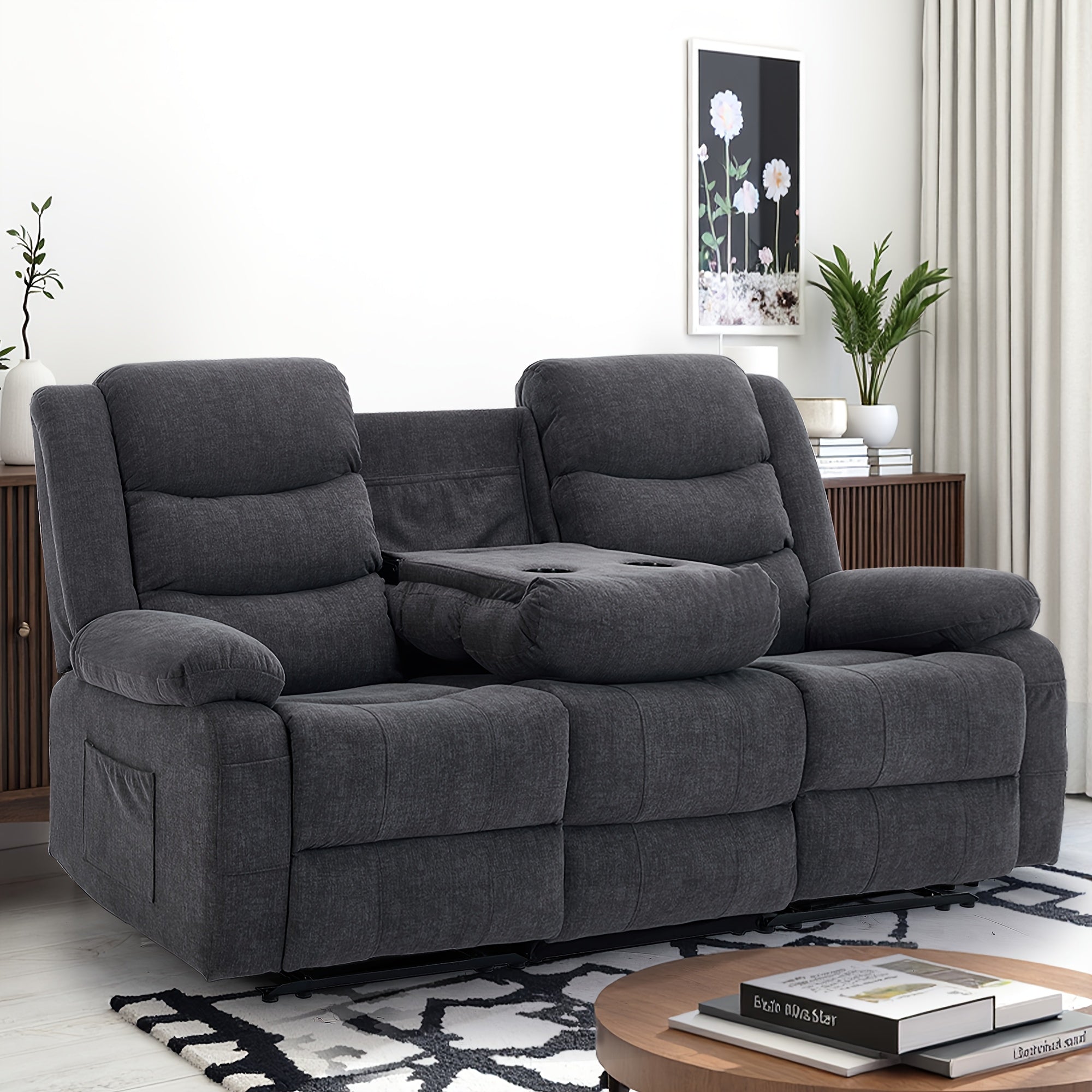 Brown Oversized Triple Chaise Lounge Sofa - Queen Size 3-Seater Manual Recliner Sofa with Plush Cashmere Upholstery, Front & Side Storage Pockets, Sturdy Iron Frame & Foam Padding - Classic Living Room Sofa for Large Spaces,