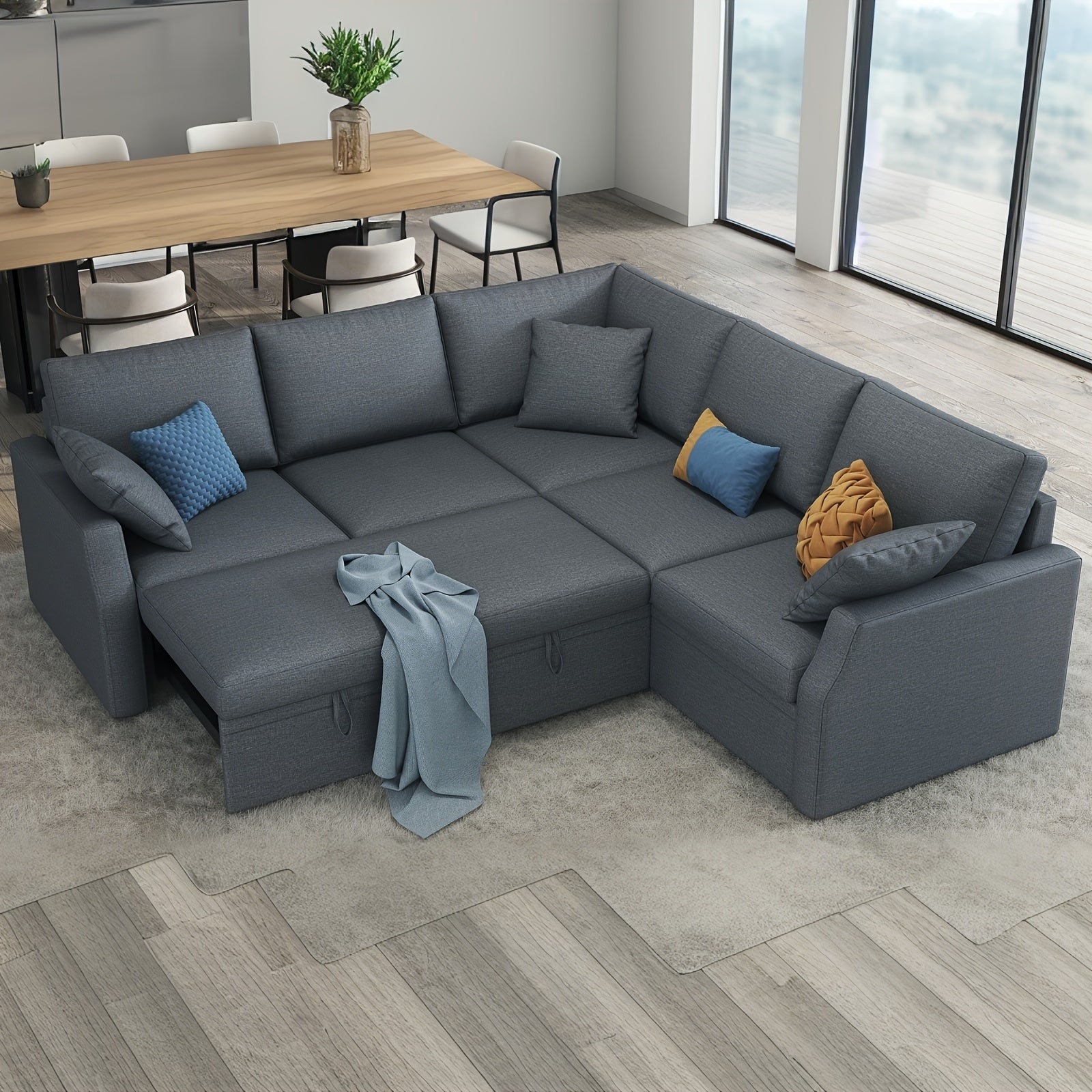 85-Inch L-Shaped Sofa Bed with Pull-Out Mattress and Storage Seating, Linen Fabric Corner Sectional Suitable for Living Rooms and Apartments