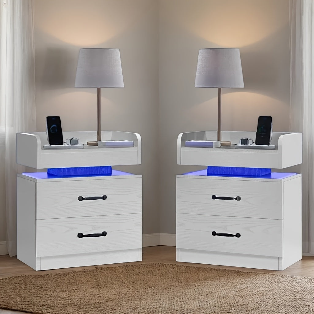 1PC & 2PCS LED Nightstand with Charging Station – Modern Black/White Bedside Table with 2 Drawers, Smart Side Table for Bedroom & Living Room