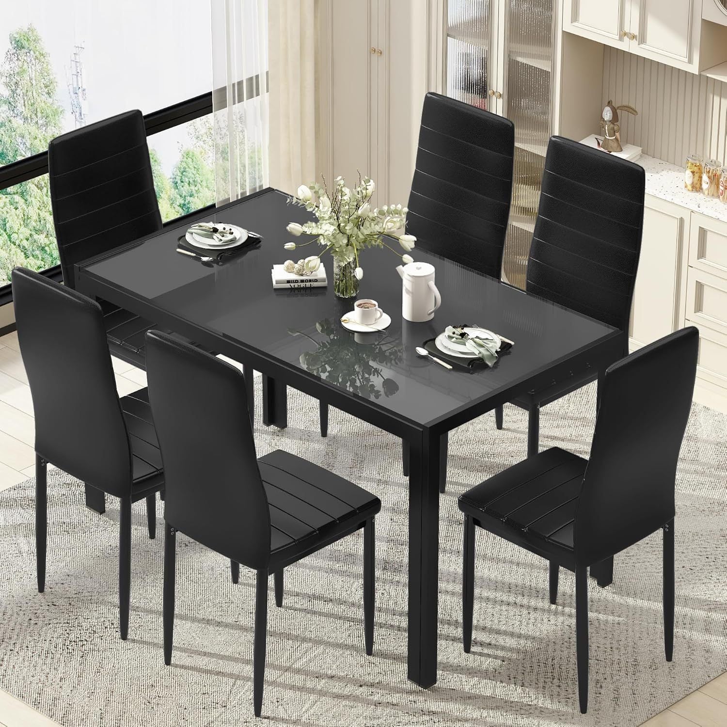 7-Piece Modern Glass Dining Table Set for 6 – PU Leather Chairs, Tempered Glass Top for Kitchen, Dining Room or Apartment