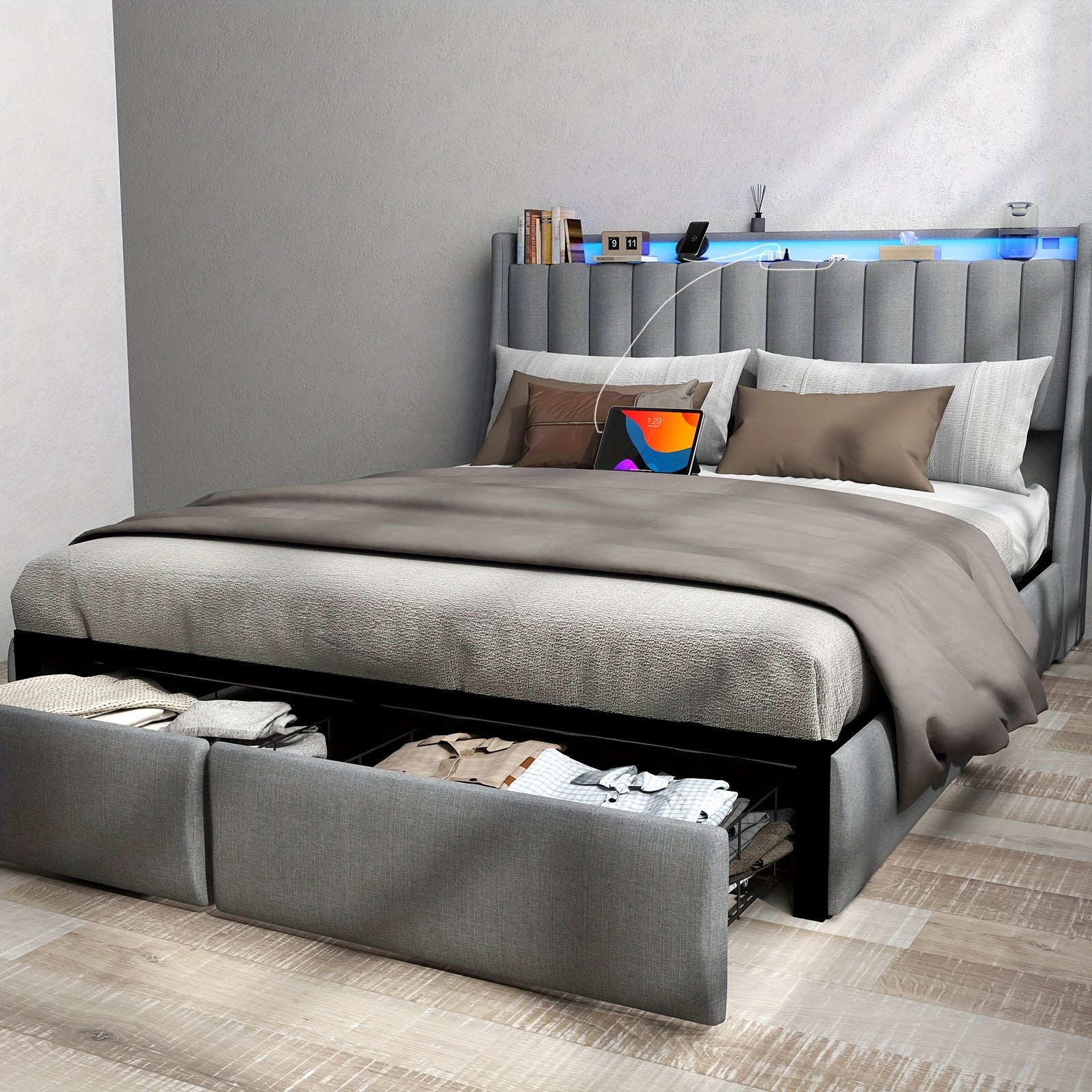 Full/Queen/King Upholstered Platform Bed Frame with LED Lights, 2 Storage Drawers, Charging Station & Button-Tufted Wingback Headboard – Dark Gray