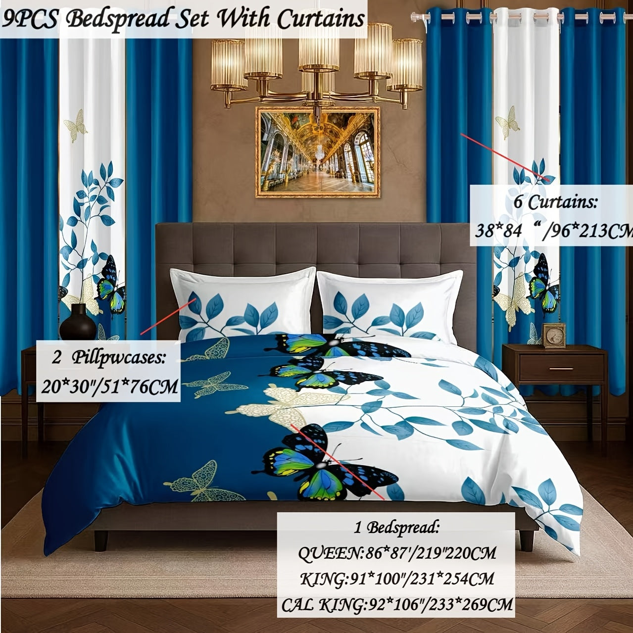 9pcs Boho Comforter Bedspread with Curtains, Brown Tribal & Blue Butterfly Bedding Set, Includes 1 Bedspread 2 Pillowcases And 6 Curtains.Queen/King/Cal King Size.Soft Breathable, Easy Care.Filling Inside.Mega.Ideal Gift for