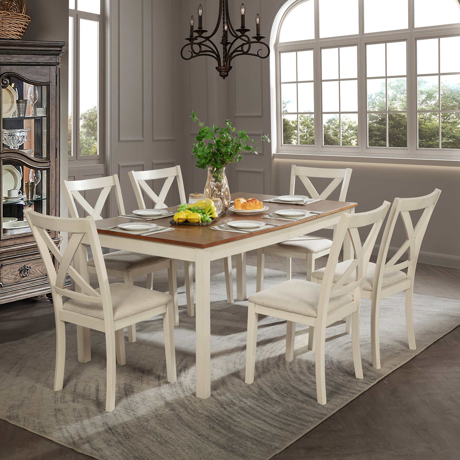 7-Piece Farmhouse Dining Set – 60" Solid Wood Dining Table with 6 Upholstered Chairs, Rustic Kitchen & Dining Room Furniture