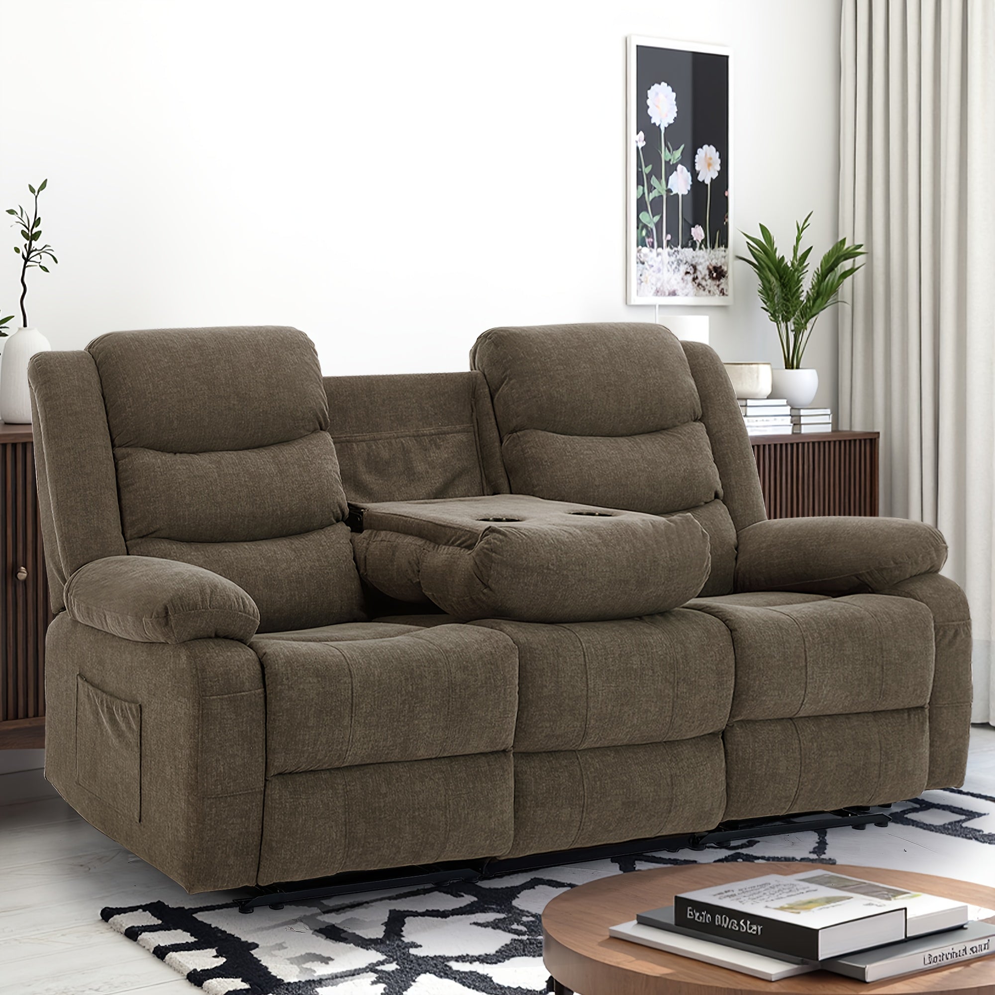 Brown Oversized Triple Chaise Lounge Sofa - Queen Size 3-Seater Manual Recliner Sofa with Plush Cashmere Upholstery, Front & Side Storage Pockets, Sturdy Iron Frame & Foam Padding - Classic Living Room Sofa for Large Spaces,