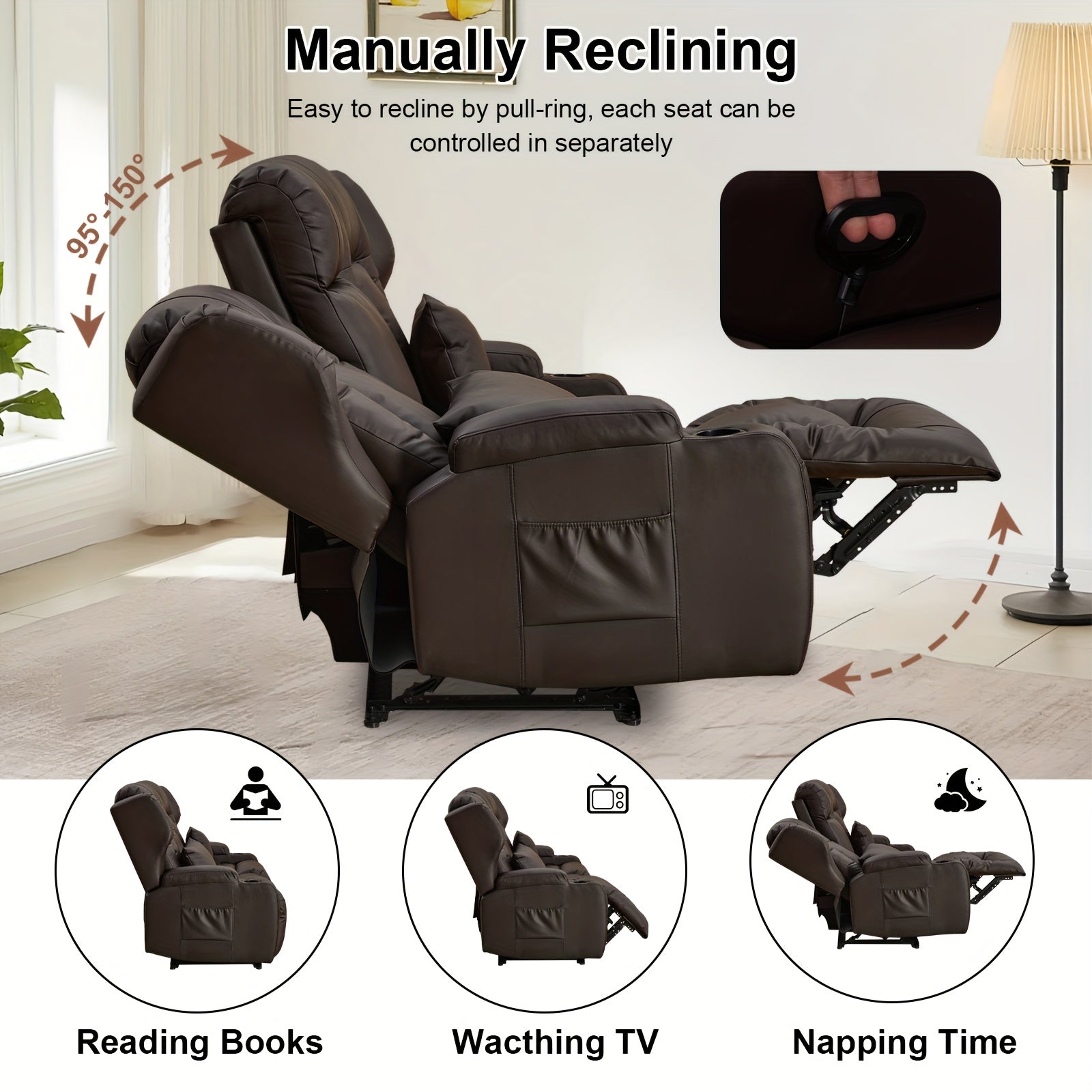 Brown Contemporary Faux Leather 2-Seater Loveseat Recliner Sofa with Console Storage, 4 Cup Holders & Side Pockets, Manual Reclining Home Theater Seating for Living Room or RV, Manual Recliner | Plush 2Seater | Luxury Comfort