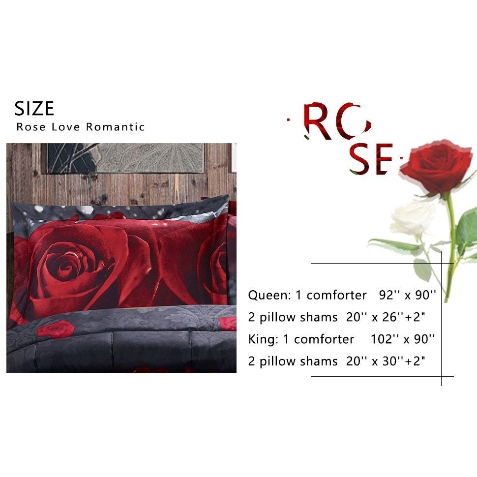 3-Piece 3D Rose Love Comforter Set – Romantic Floral Printed Bedding, Soft & Breathable, Fade-Resistant, Includes 1 Comforter & 2 Pillow Shams