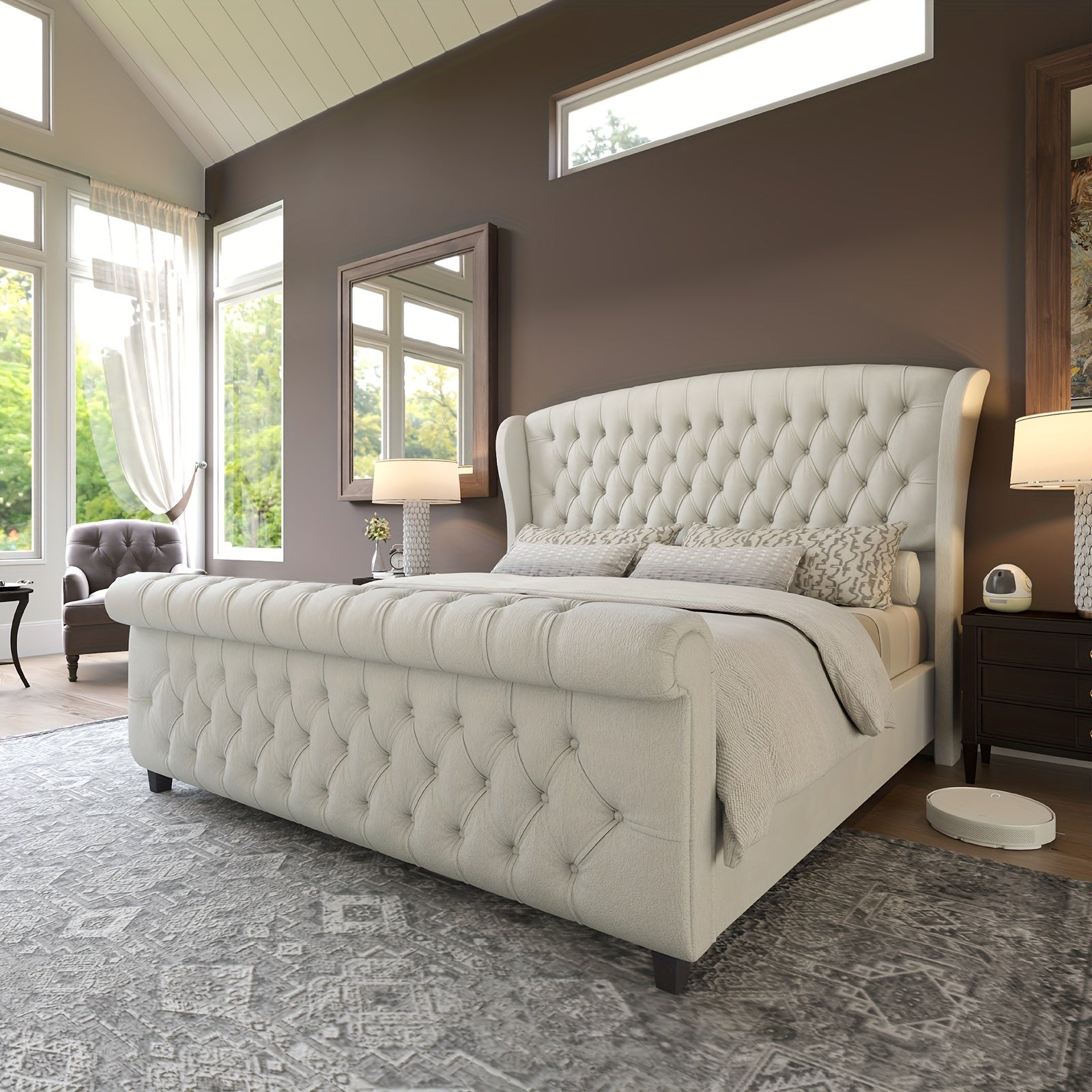 Chenille Upholstered Sleigh Platform Bed Frame – Scroll Wingback Headboard & Footboard with Button Tufted Design, No Box Spring Required