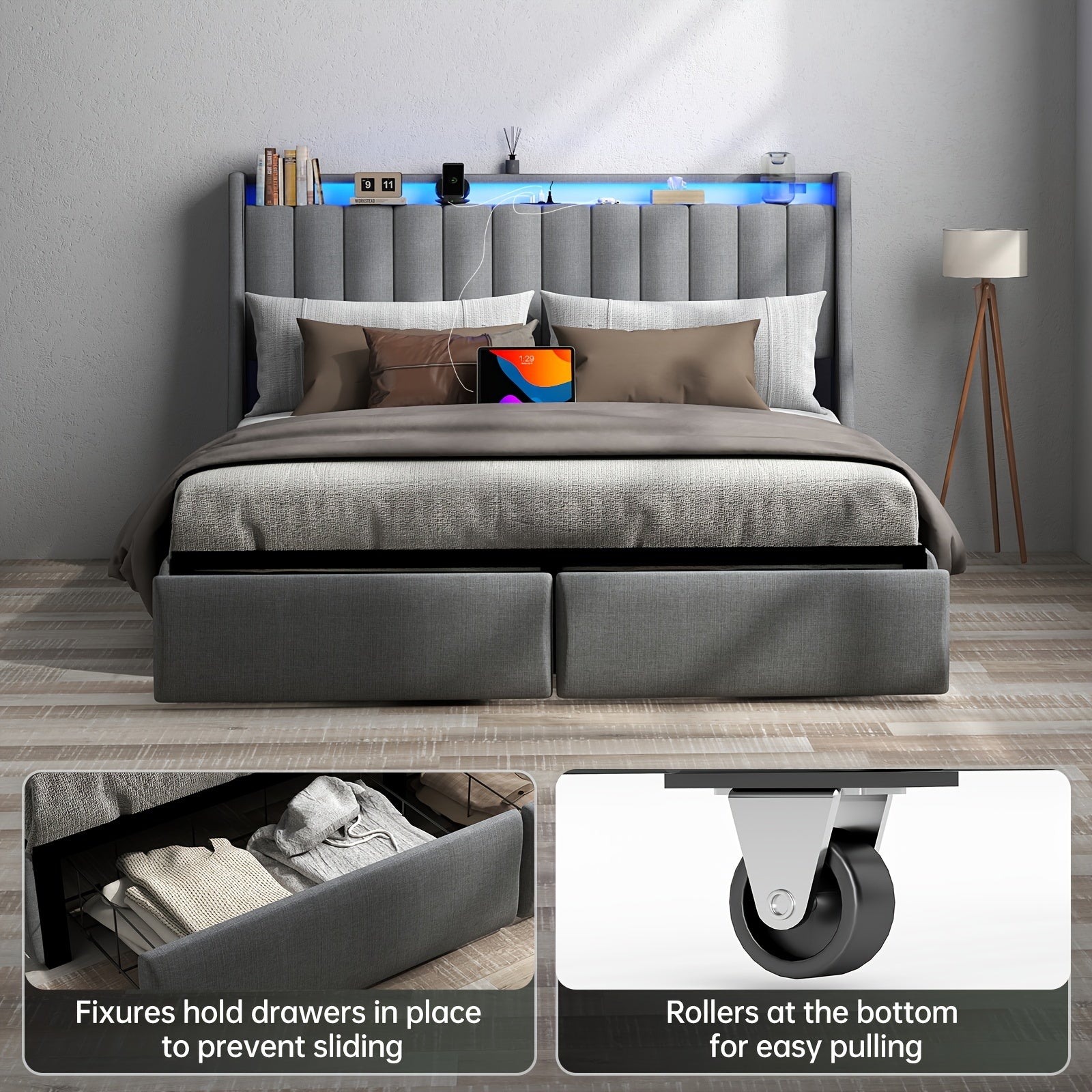 Full/Queen/King Upholstered Platform Bed Frame with LED Lights, 2 Storage Drawers, Charging Station & Button-Tufted Wingback Headboard – Dark Gray