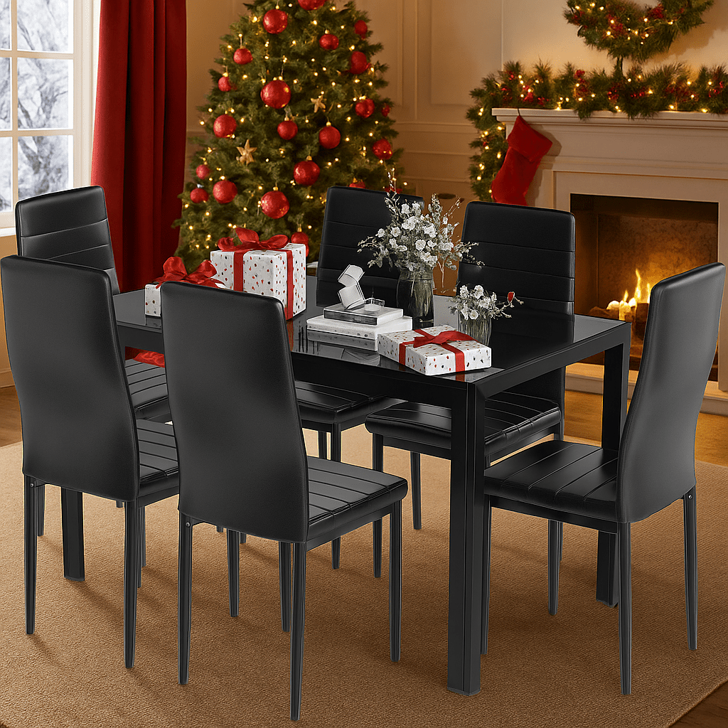 7-Piece Modern Glass Dining Table Set for 6 – PU Leather Chairs, Tempered Glass Top for Kitchen, Dining Room or Apartment