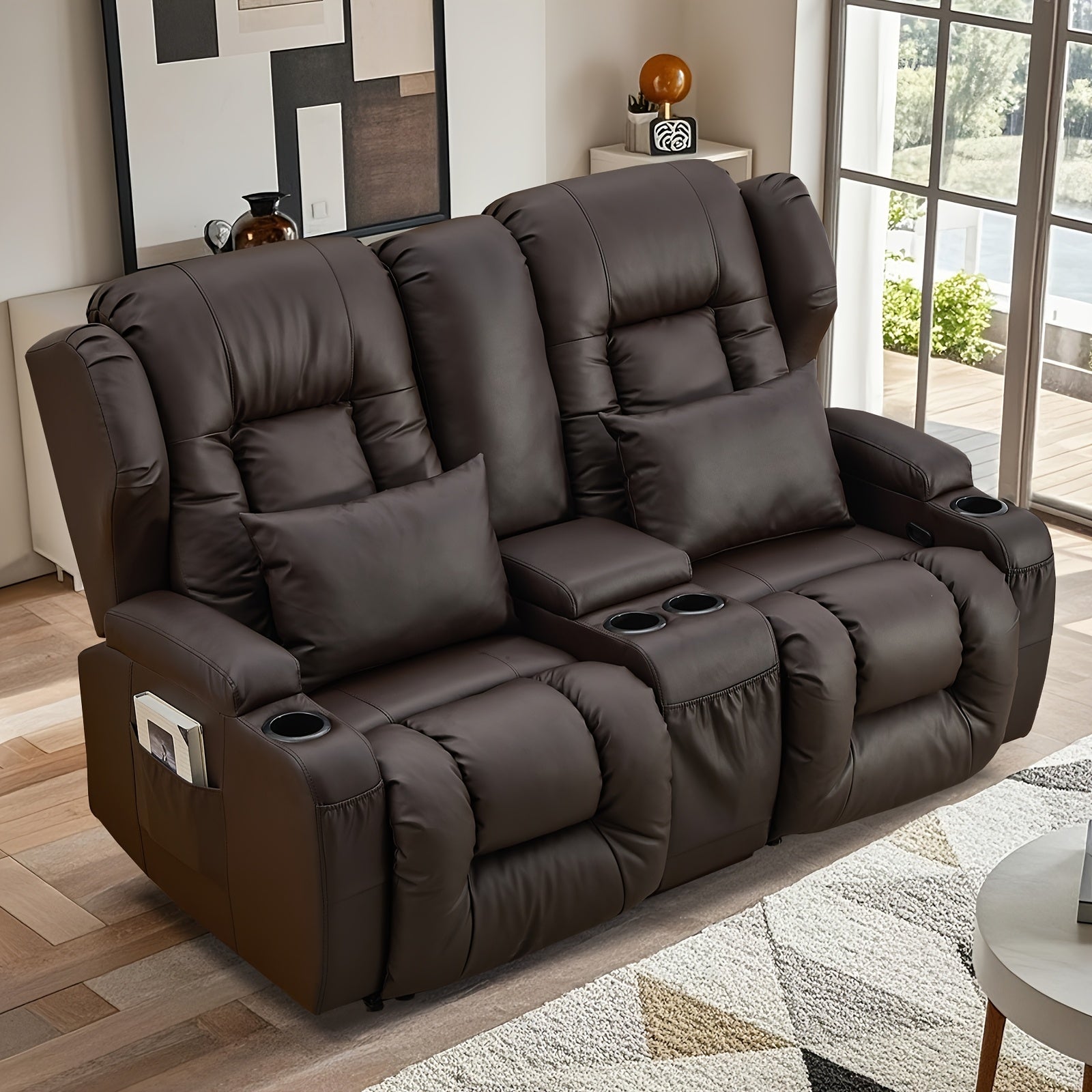 Brown Contemporary Faux Leather 2-Seater Loveseat Recliner Sofa with Console Storage, 4 Cup Holders & Side Pockets, Manual Reclining Home Theater Seating for Living Room or RV, Manual Recliner | Plush 2Seater | Luxury Comfort