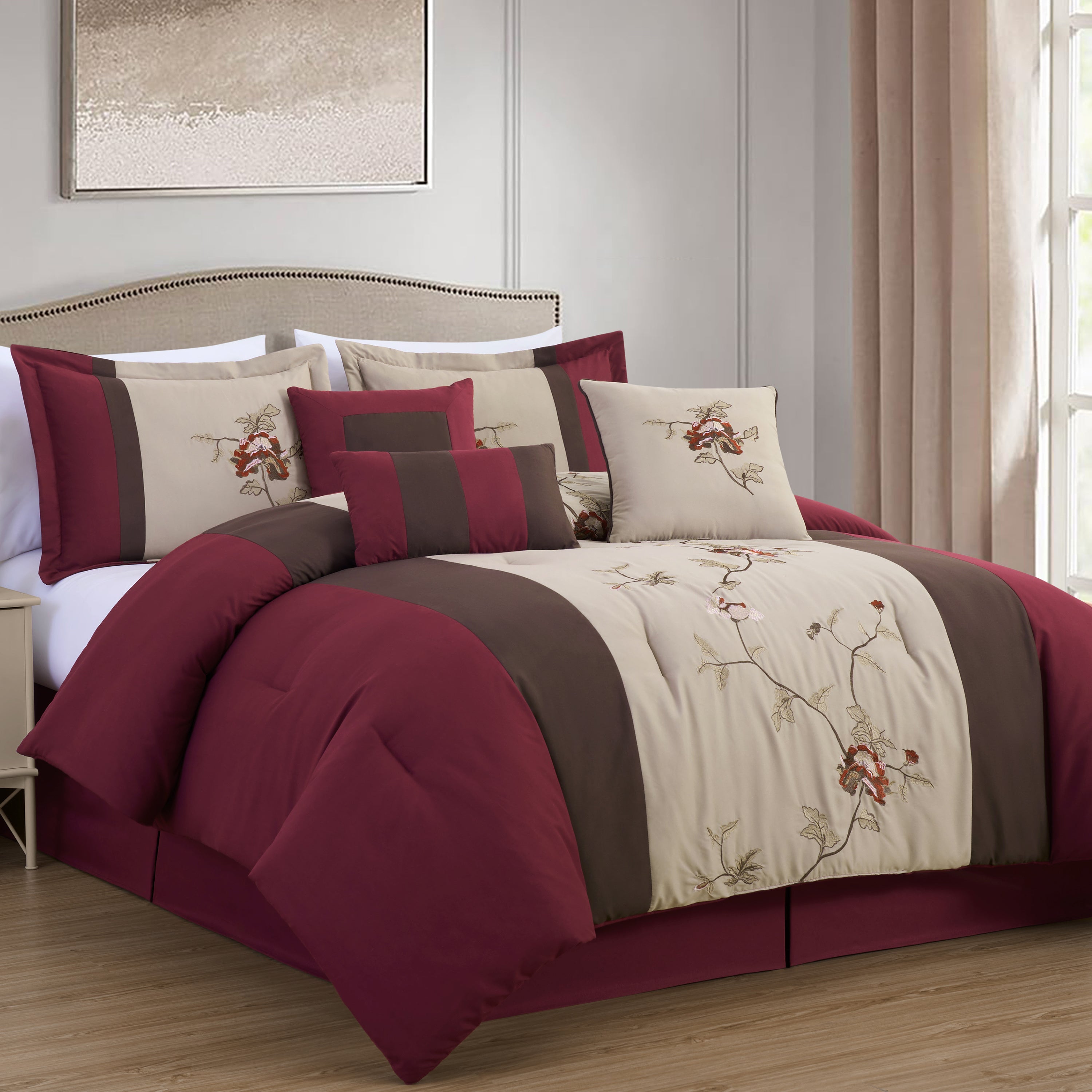 Vienna 7-Piece Embroidered Floral Comforter Set, California King/King/Queen/Full Sizes