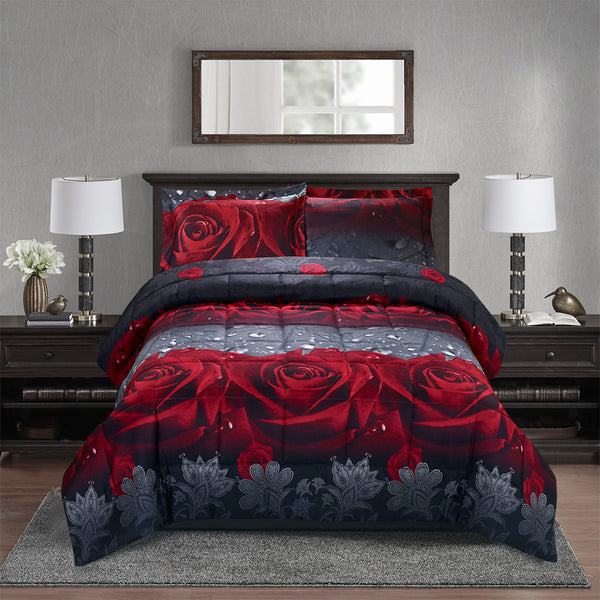 3-Piece 3D Rose Love Comforter Set – Romantic Floral Printed Bedding, Soft & Breathable, Fade-Resistant, Includes 1 Comforter & 2 Pillow Shams