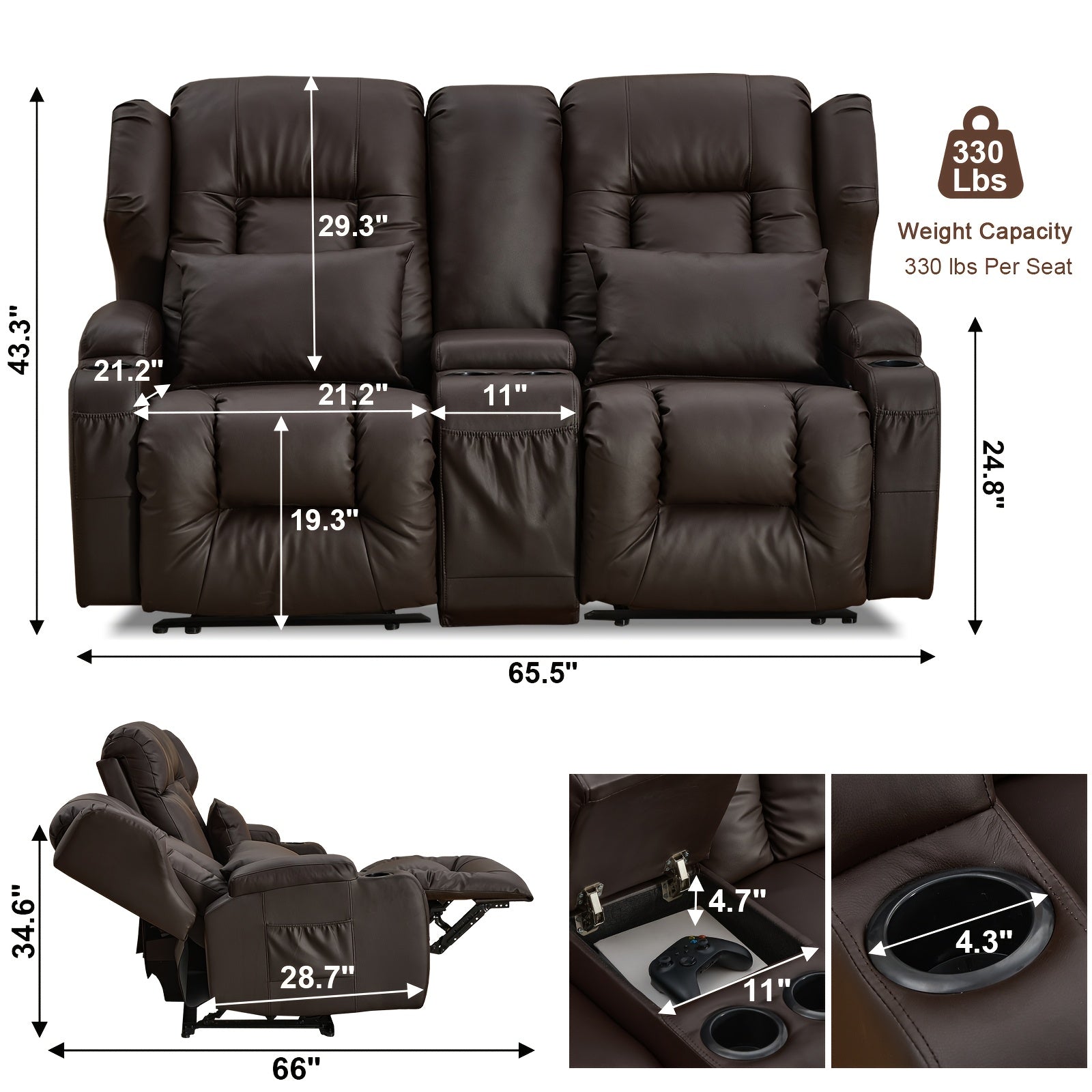 Brown Contemporary Faux Leather 2-Seater Loveseat Recliner Sofa with Console Storage, 4 Cup Holders & Side Pockets, Manual Reclining Home Theater Seating for Living Room or RV, Manual Recliner | Plush 2Seater | Luxury Comfort
