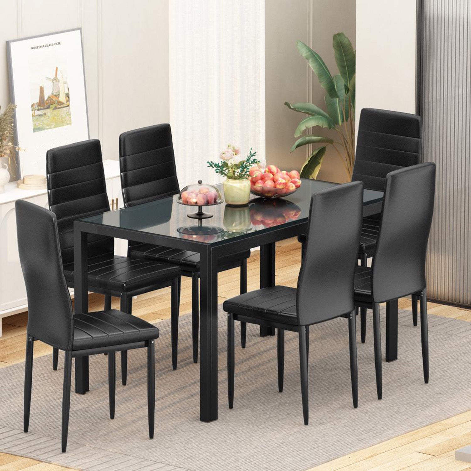 7-Piece Modern Glass Dining Table Set for 6 – PU Leather Chairs, Tempered Glass Top for Kitchen, Dining Room or Apartment
